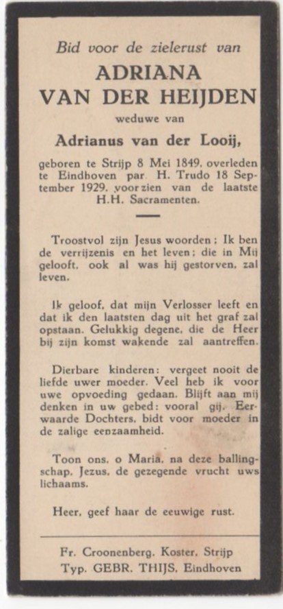 Adriana van der Heijden 1849 Strijp + 1929 Eindhoven, 80 jr, Ophalen of Verzenden