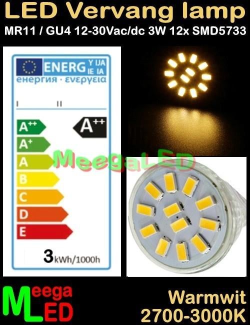 Boot LED MR11 GU4 LEDspot LEDlamp 3W - 12SMD5733 - Warmwit, Ophalen of Verzenden, Nieuw, Binnenverlichting