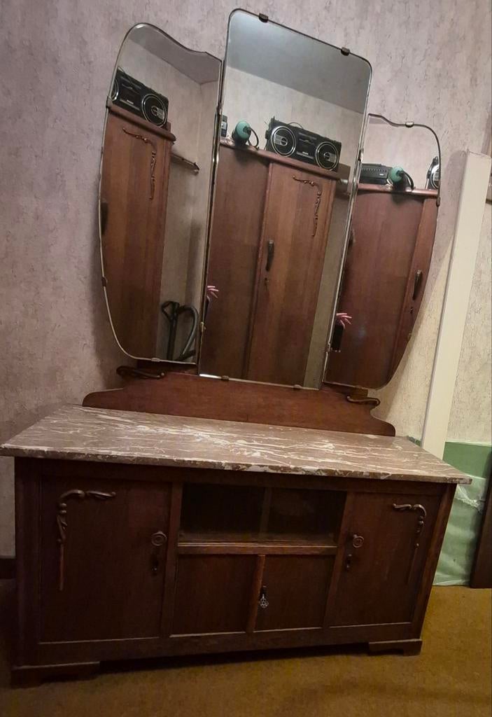 Vintage Dressoir met Facet Geslepen Spiegel en Marmeren Blad, Huis en Inrichting, Kasten | Dressoirs, Ophalen, Gebruikt, Overige materialen