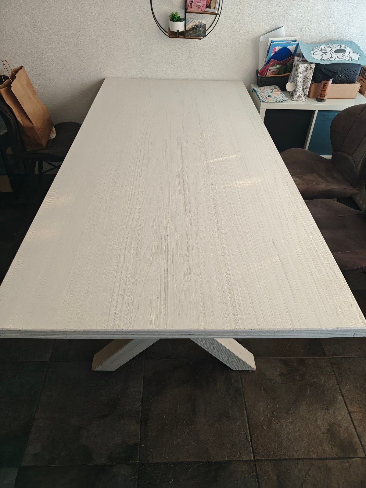 Robuuste eettafel met X-poten, wit gebeitst, Ophalen, Gebruikt, 200 cm of meer, 50 tot 100 cm