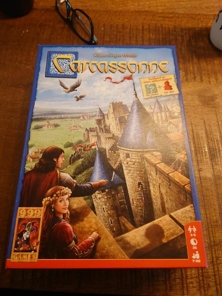 Carcassonne zgan met uitbreiding Rivier en De Abt, Vijf spelers of meer, Ophalen of Verzenden, Zo goed als nieuw