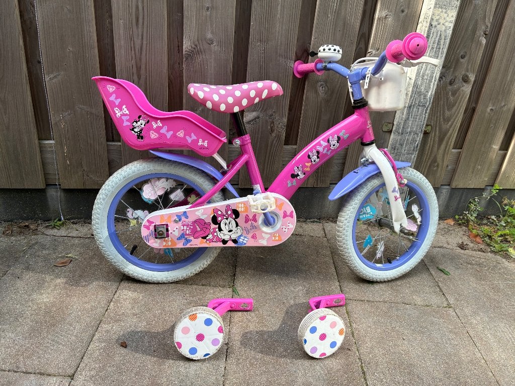 kinderfiets Minnie Mouse, Ophalen, Terugtraprem, Zijwieltjes, Minder dan 16 inch