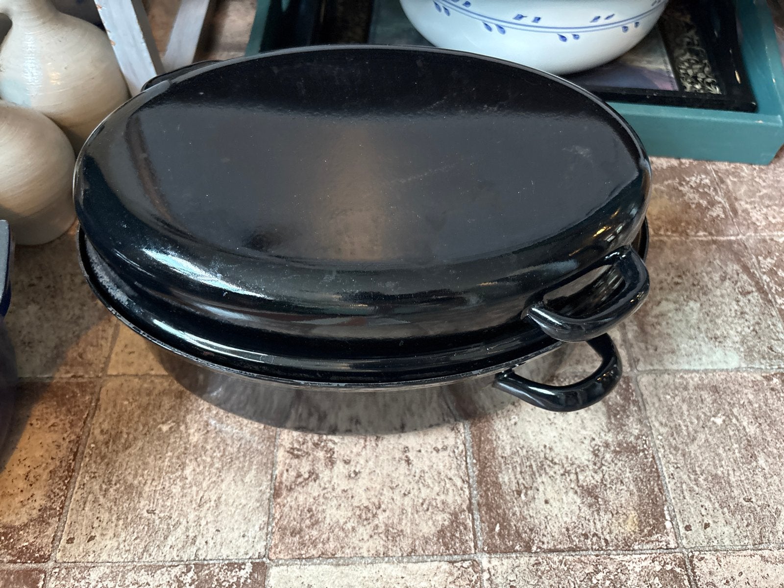 Zwarte geëmailleerde braadpan met deksel, Ophalen, Gebruikt, Braadpan, Met deksel