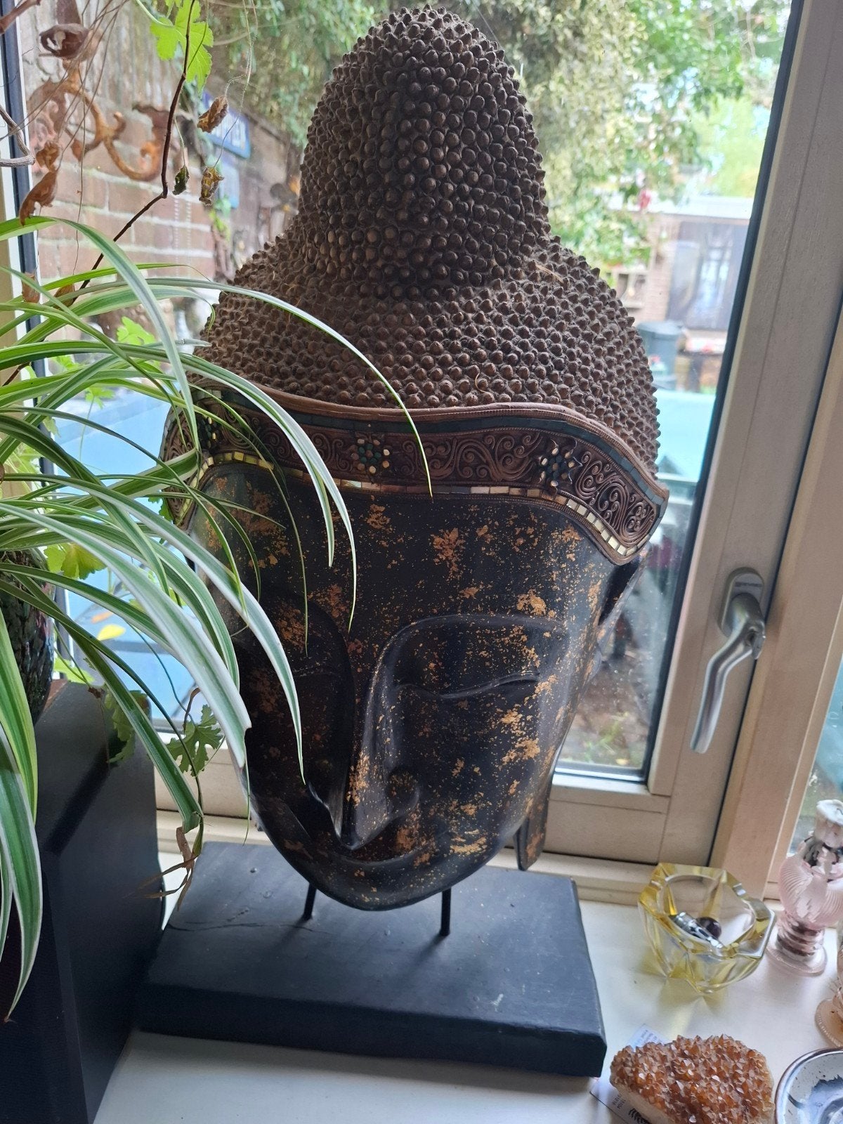 Grote Boeddha Hoofd Decoratie - 75 cm hoog, Ophalen, Zwart, Gebruikt, Gouden accenten