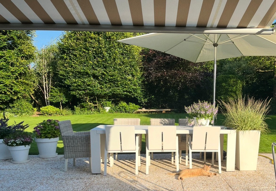 Borek tuintafel 250x90 cm en 3 stoelen gecoat aluminium, Ophalen, Gebruikt, 3 zitplaatsen, Aluminium