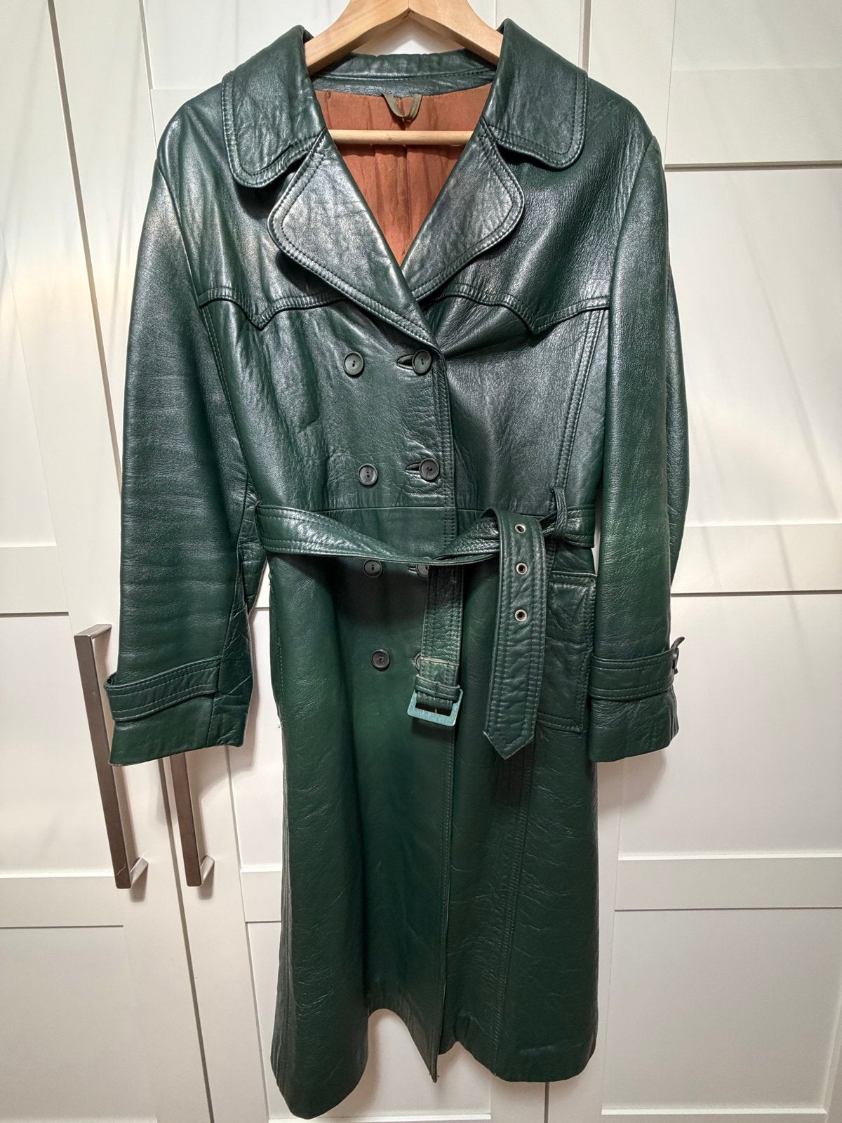 Vintage Groene Leren Trenchcoat - Maat M, Ophalen of Verzenden, Gedragen, Maat 38/40 (M), Groen