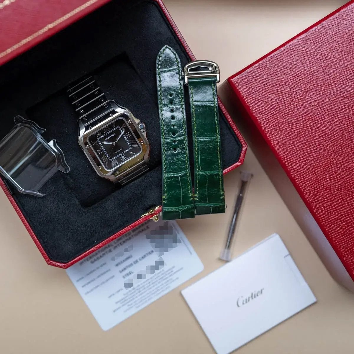 Cartier Santos de Cartier – Ref. WSSA0062 – Green Dial, Ophalen of Verzenden, Nieuw, Staal, Overige merken