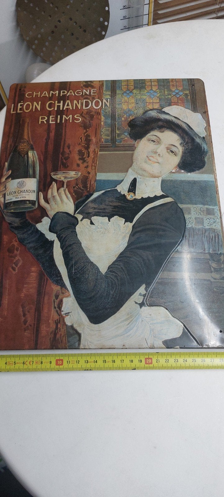 Vintage Champagne Léon Chandon Reims Blikken Reclamebord, Ophalen of Verzenden