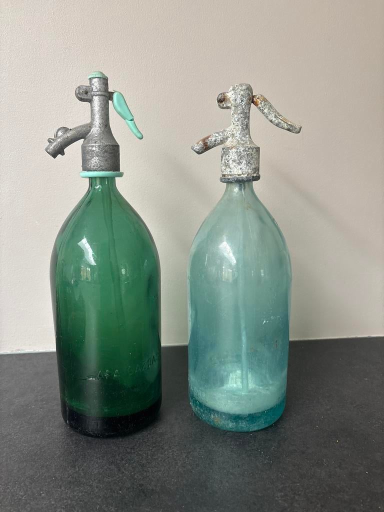 Vintage Sifons: Groen en Blauw Glas - Decoratief Set, Antiek en Kunst, Antiek | Glas en Kristal, Ophalen of Verzenden