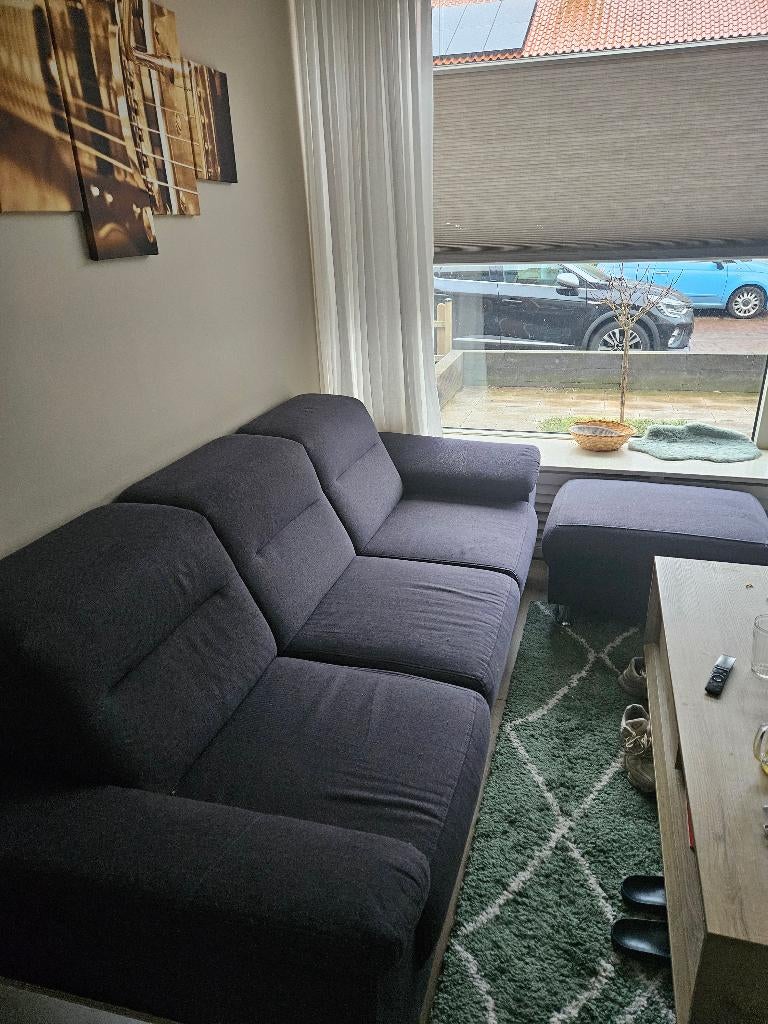 Blauwgrijze 3-zits bank + hocker, Ophalen, Gebruikt, Driepersoons, 75 tot 100 cm