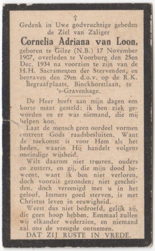 Cornelia A. van Loon 1907 Gilze + 1934 Voorburg, 27 jaar oud, Ophalen of Verzenden