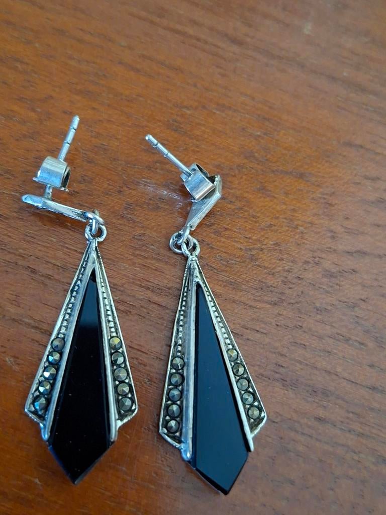 Zwarte zilveren oorbellen met strass, Sieraden, Tassen en Uiterlijk, Antieke sieraden, Ophalen, Zilver, Oorbellen