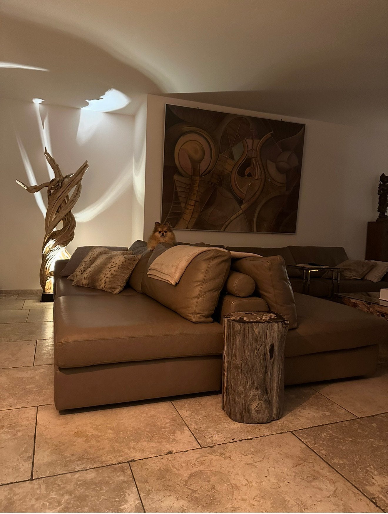 Prachtige grote leren bank heel speciale maat taupe, Ophalen, Hoekbank, 300 cm of meer, Leer