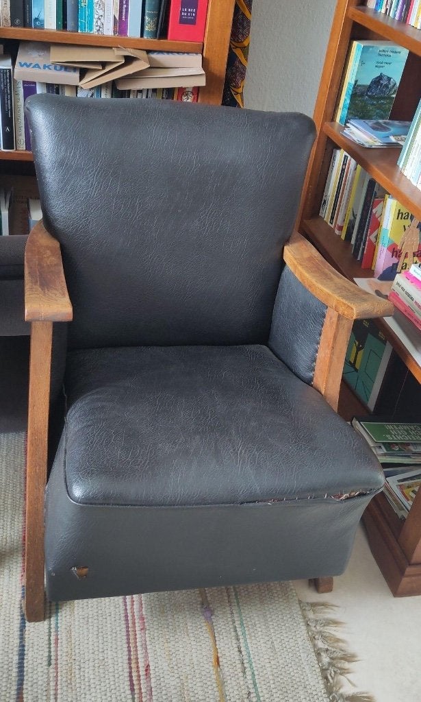 fauteuil met houten frame, Huis en Inrichting, Fauteuils, Ophalen, Gebruikt, 75 tot 100 cm, 50 tot 75 cm