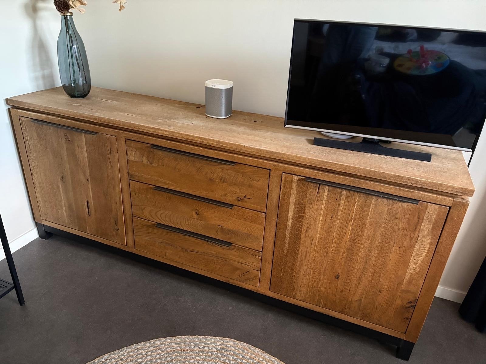 Eikenhouten dressoir met lades en deuren 210x45x85cm, Ophalen, Eikenhout, Zo goed als nieuw, 200 cm of meer