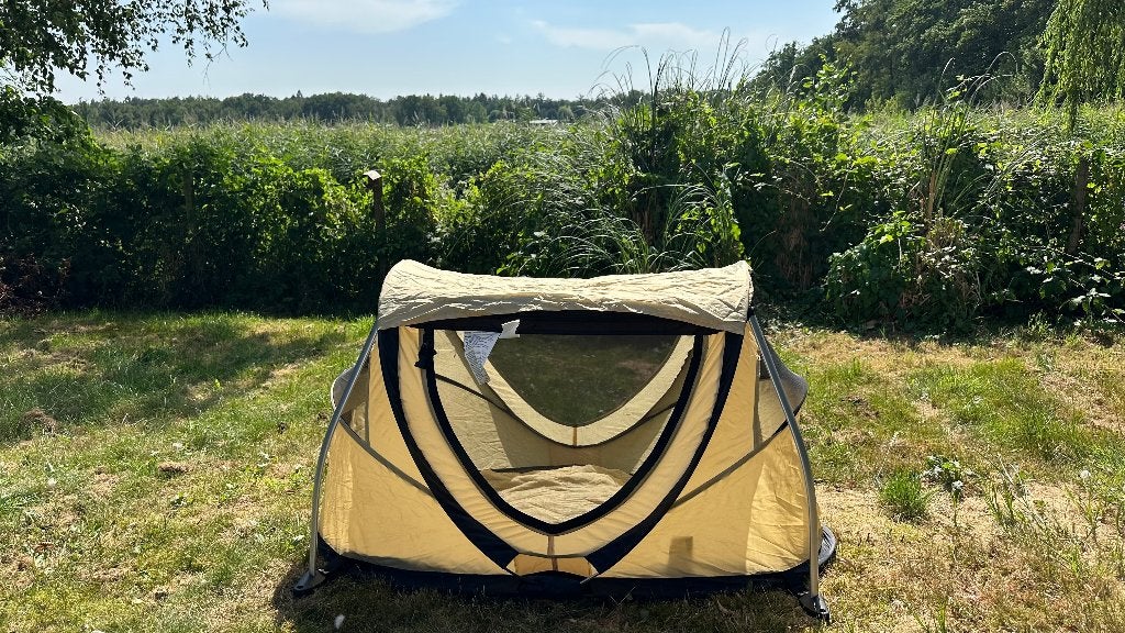 Deryan Peuterbox Khaki - Compact Campingbedje 2in1, Kinderen en Baby's, Ophalen of Verzenden, Zo goed als nieuw, Reisbedje