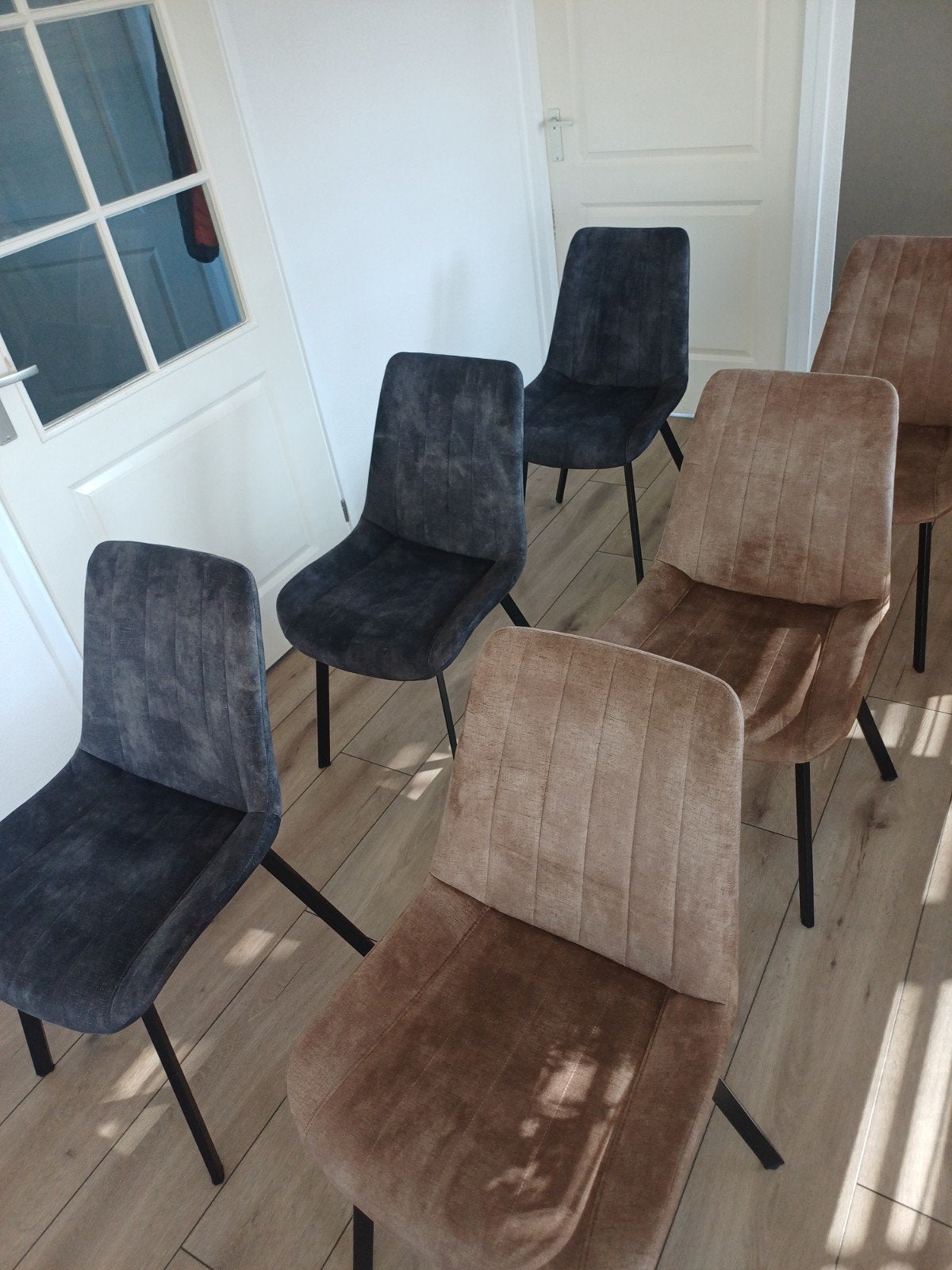 Velours Eetkamerstoel - Antraciet/Bruin met Metalen Onde, Ophalen, Bruin, Nieuw, Stof