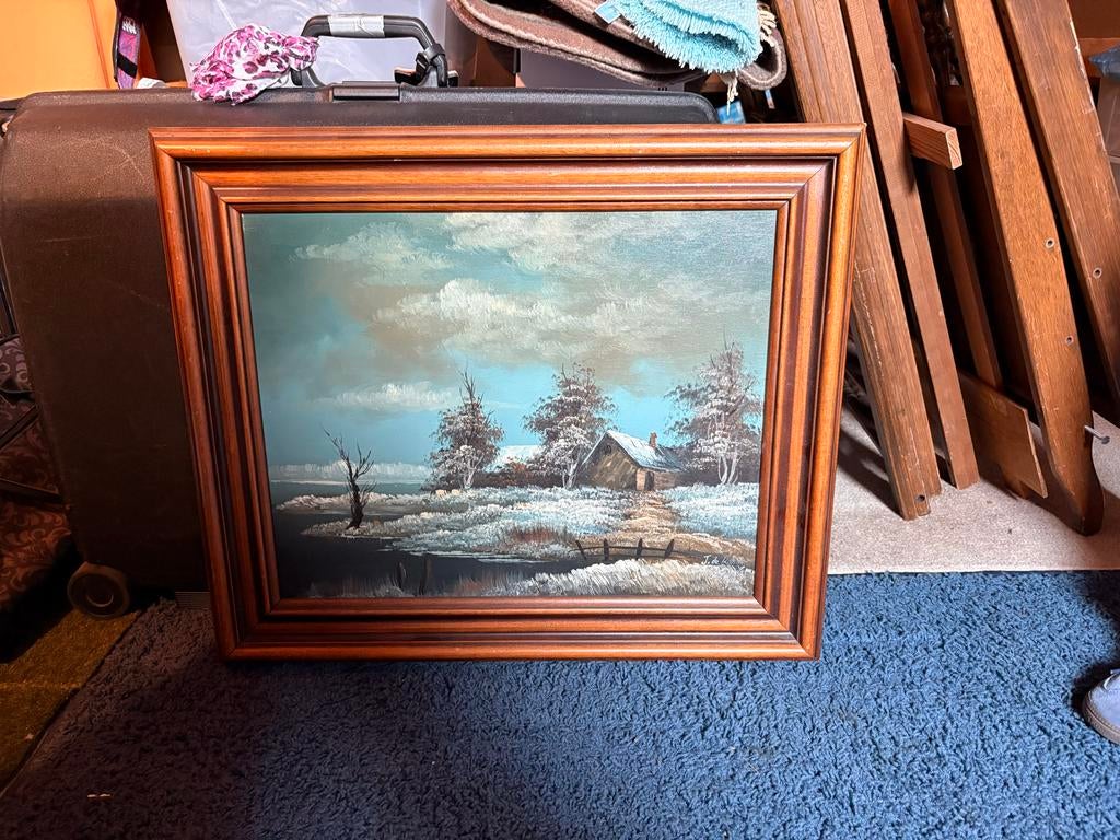 Schilderij winterlandschap met huisje (64x54,5 cm), Ophalen