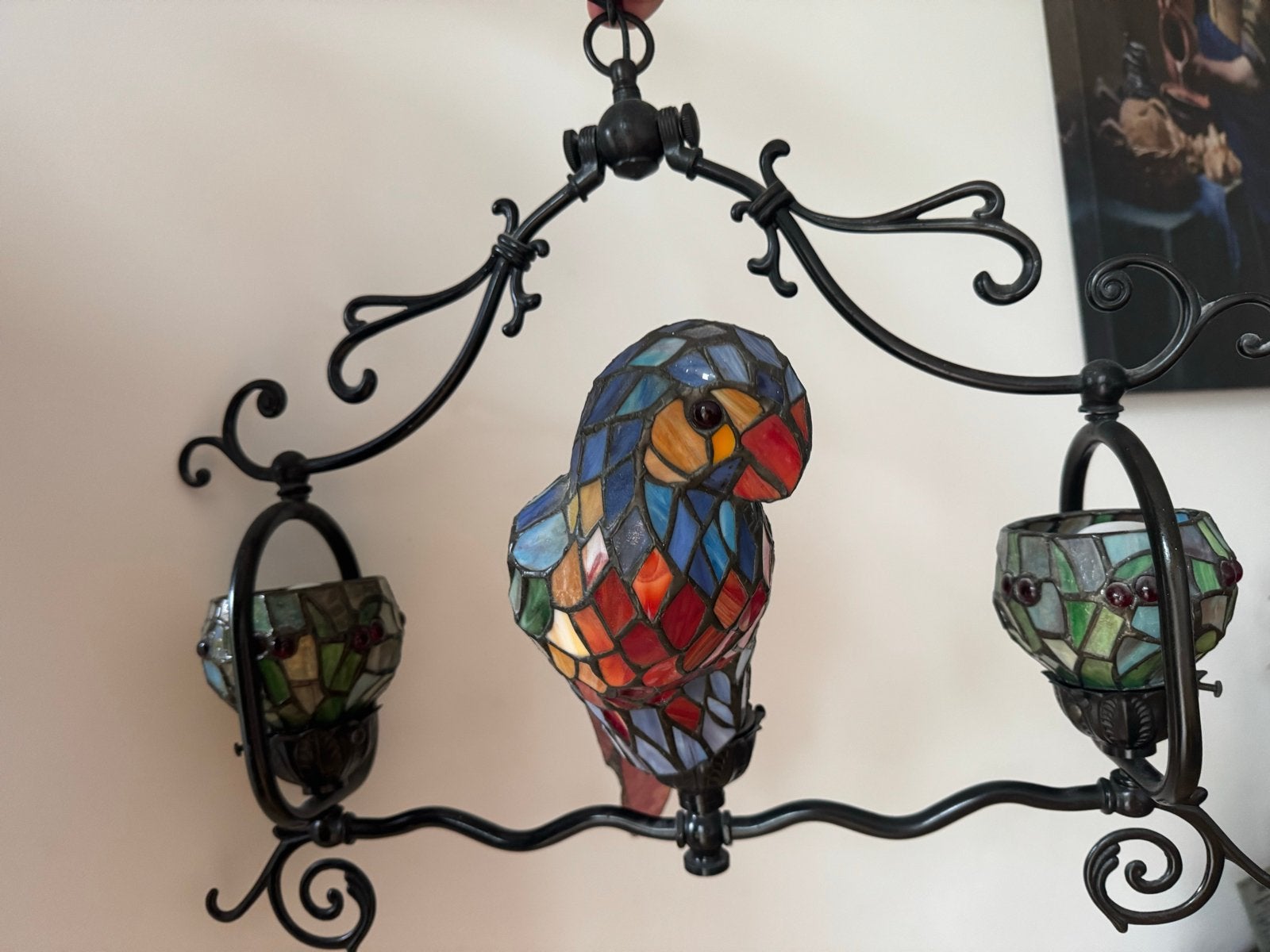 Unieke Tiffany-stijl papegaai hanglamp, Ophalen of Verzenden, Zo goed als nieuw, Glas, E14 (klein)
