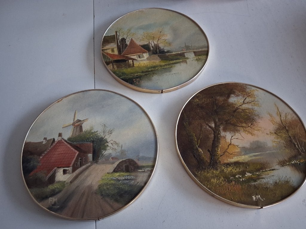3 ronde schilderijen van Frits Meijer, Ophalen of Verzenden, Gesigneerd, Landschap