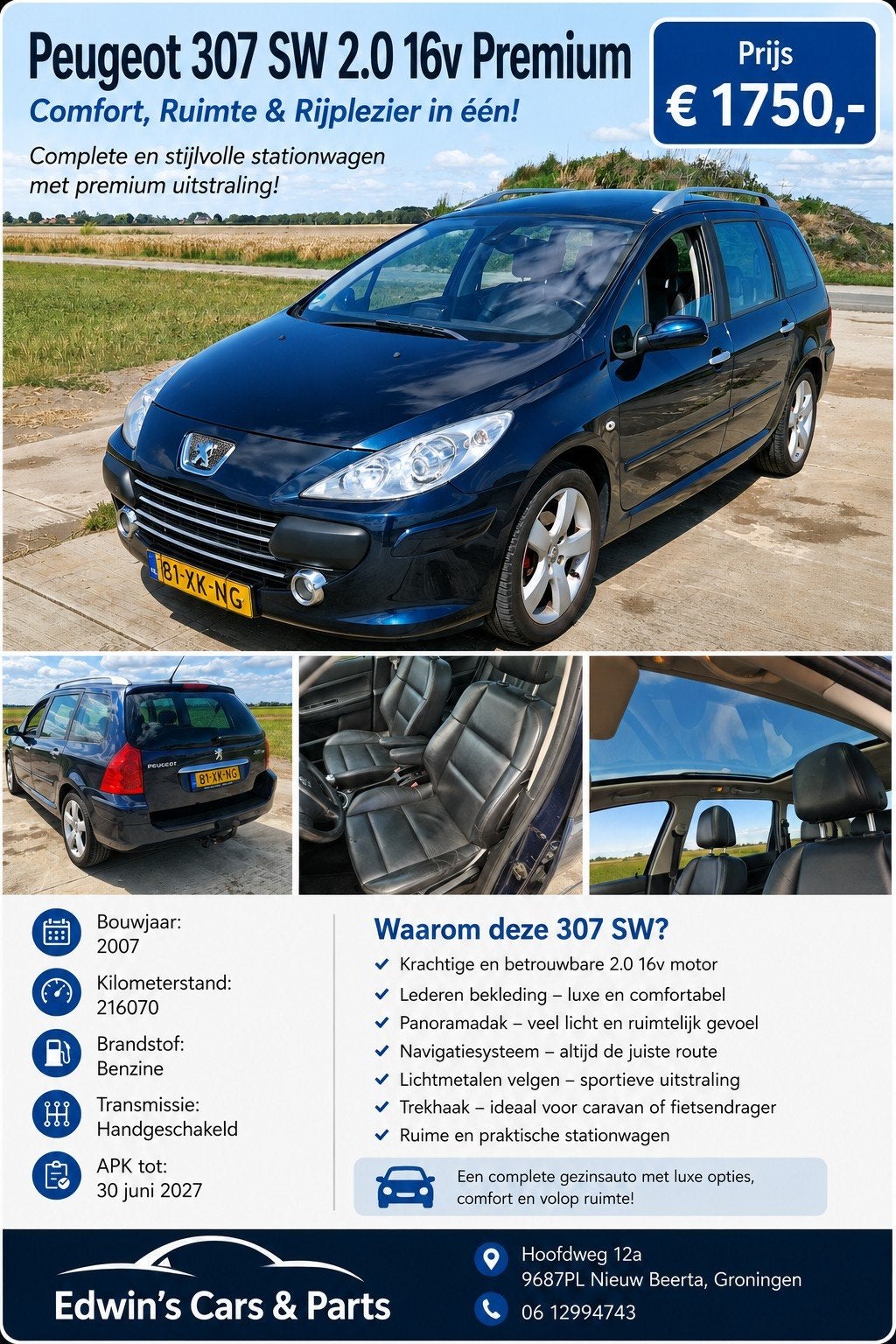 Peugeot 307 2.0 16V SW 2007 Blauw, 730 kg, Zwart, 4 cilinders, 7 stoelen