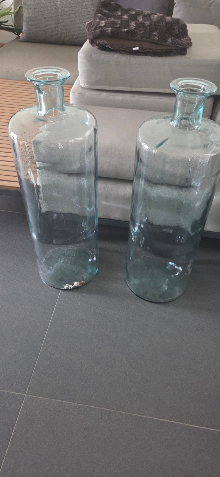 Grote decoratieve glazen flessen - 80 cm hoog, Huis en Inrichting, Woonaccessoires | Vazen, Gebruikt, Overige kleuren, Ophalen of Verzenden