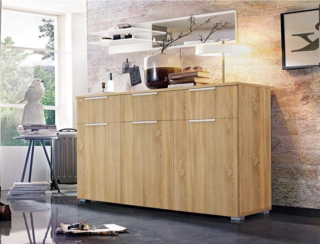 Commode-Dressoir Alaska Grijs-wit-eiken breedte 140 cm-Actie, Kinderen en Baby's, Kinderkamer | Commodes en Kasten, 50 tot 70 cm