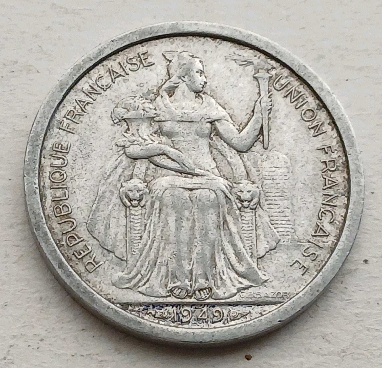 2 Francs 1949 Nieuw Caledonie Frankrijk Kolonie Oude Munt, Ophalen of Verzenden