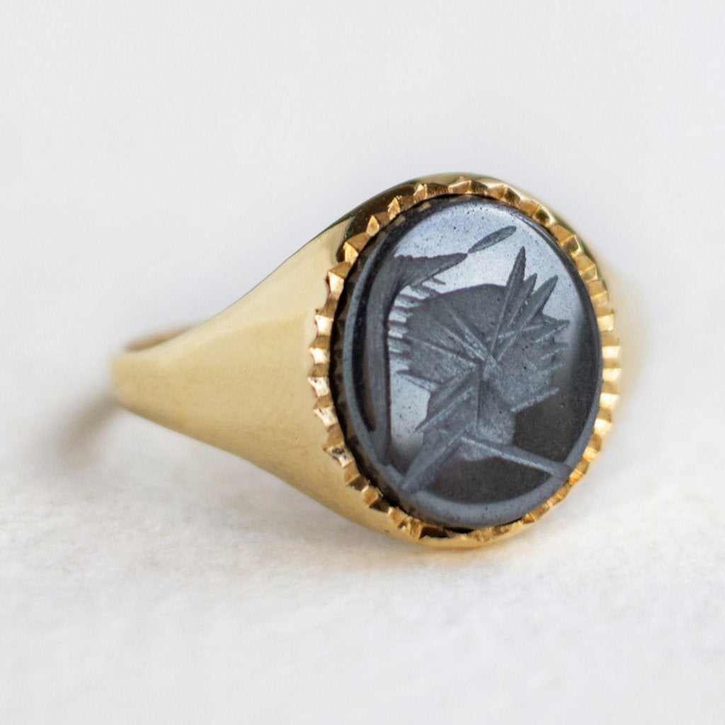 Vintage 9K gouden solitaire ring met hematiet - maat 19,25, Sieraden, Tassen en Uiterlijk, Ringen, 19 tot 20, Ophalen of Verzenden