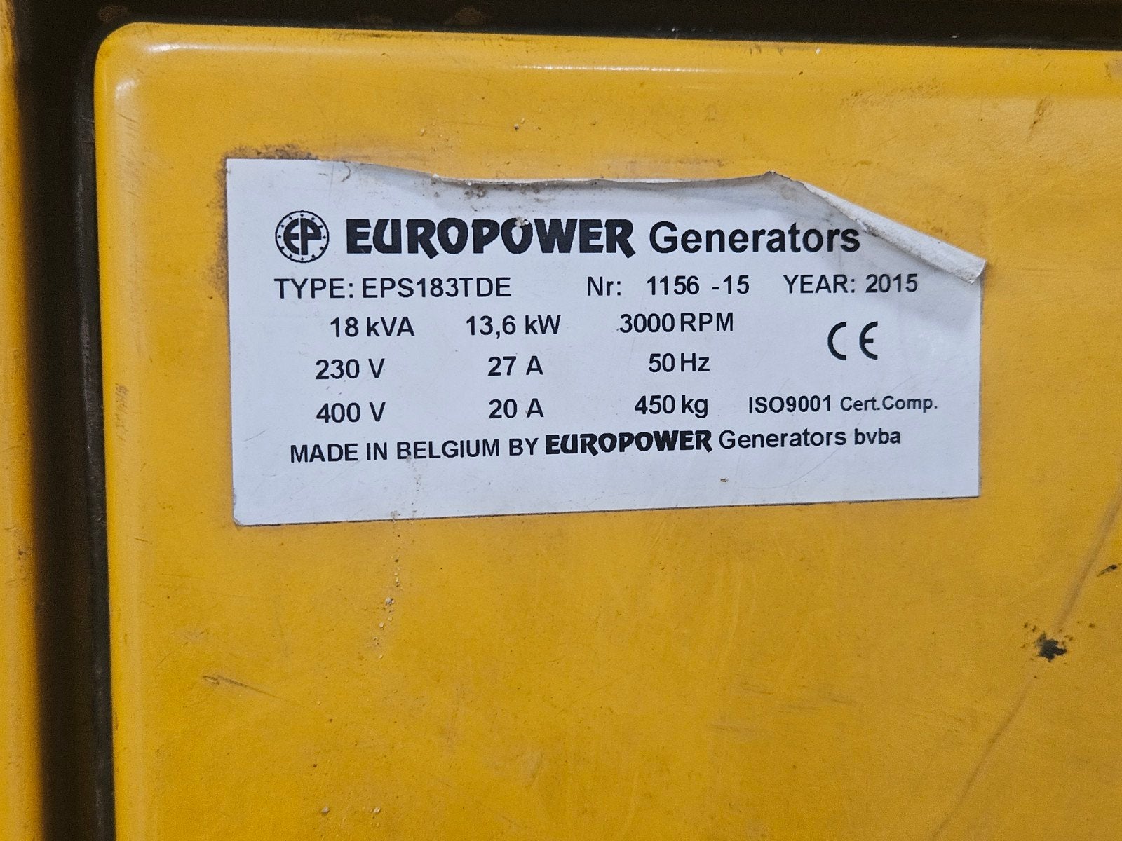 Europower EPS183TDE Generator - 18 kVA, 2015, Ophalen
