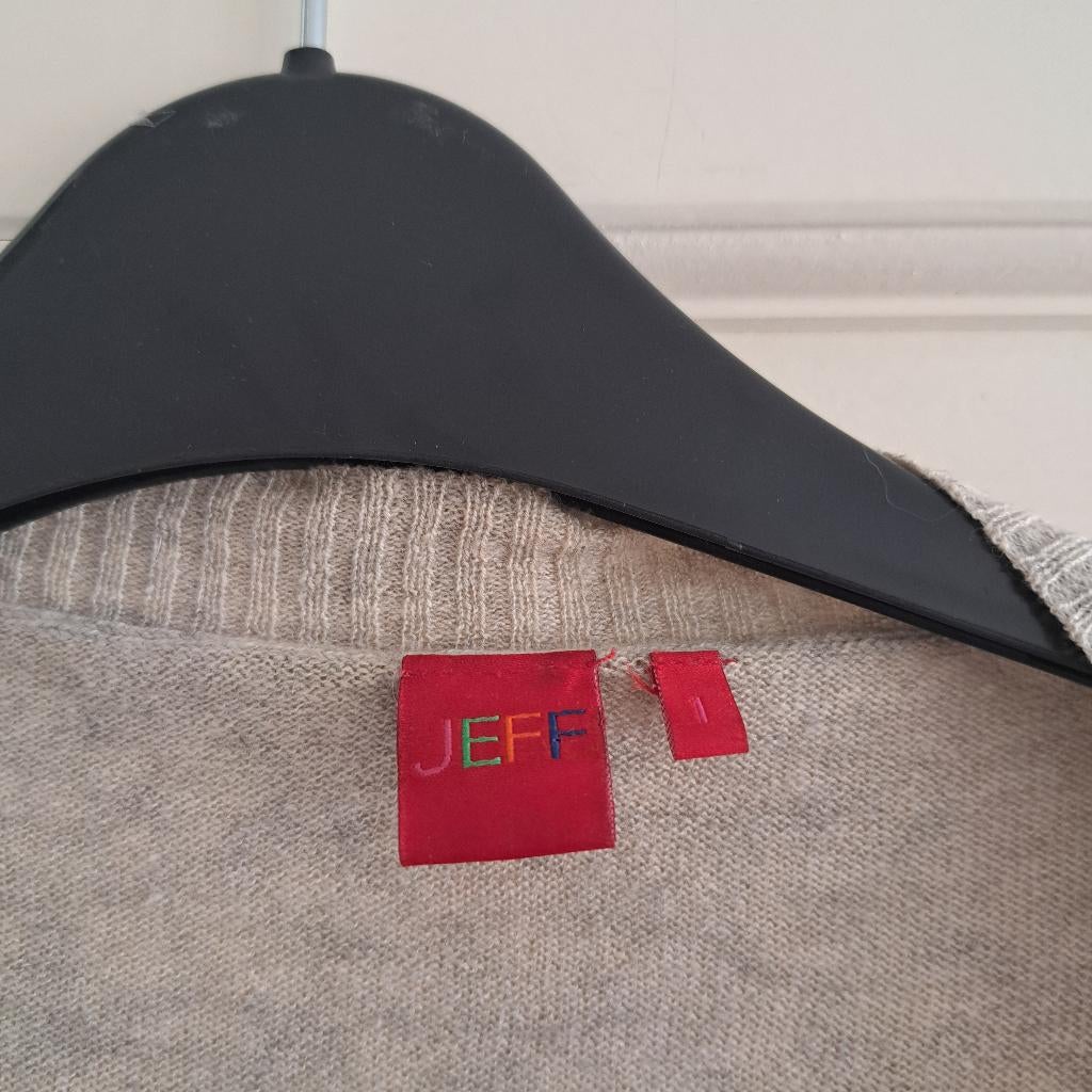 JEFF luxe wollen/zijde vest met watervalhals grijs S 49897, Jeff, Beige, Ophalen of Verzenden, Zo goed als nieuw