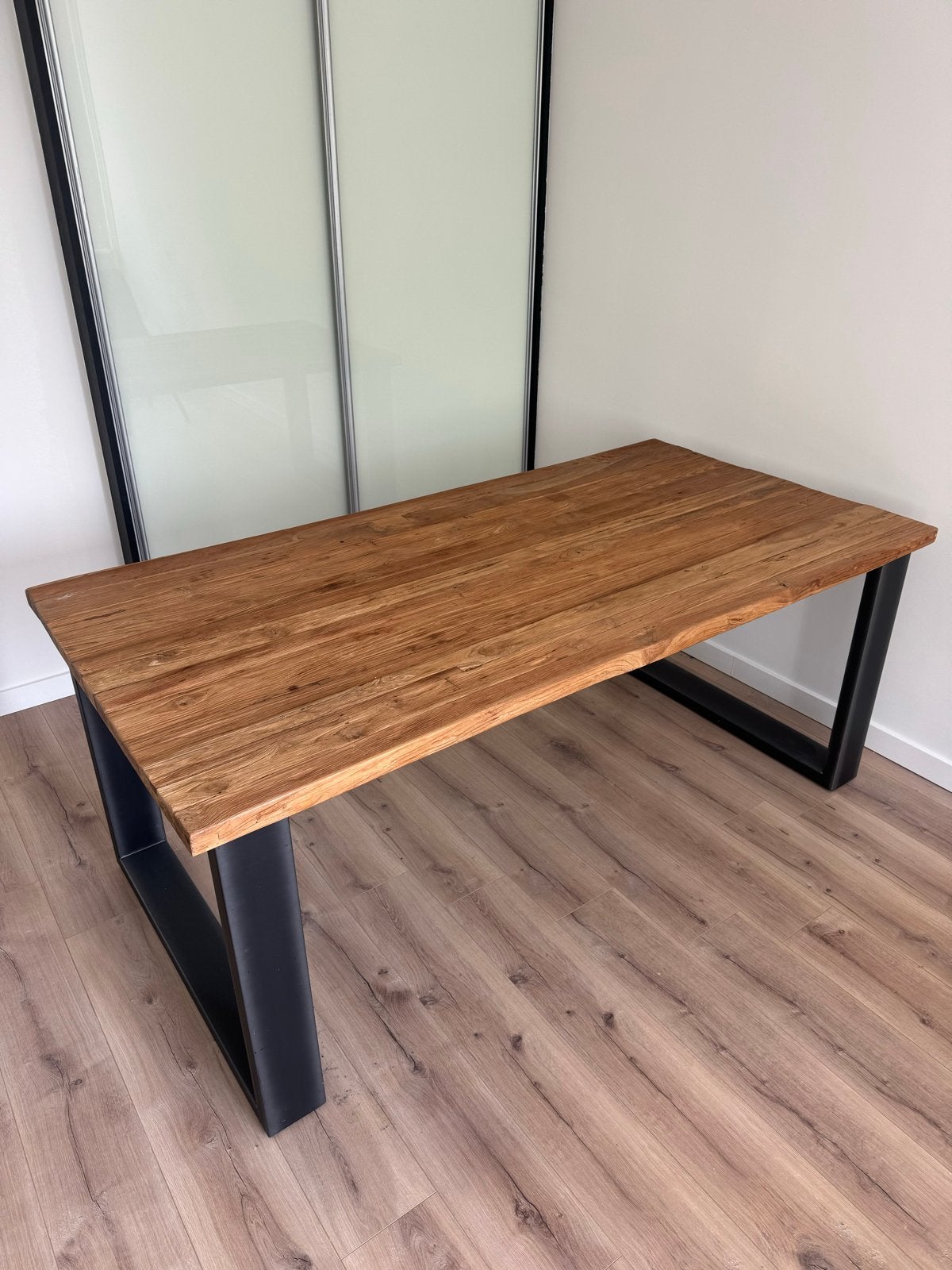 Eettafel met houten blad en metalen onderstel (191x97x78), Ophalen, Gebruikt, 50 tot 100 cm, Vijf personen of meer