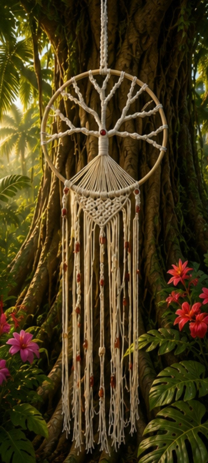 Handgemaakte Macramé Dromenvanger 'Levensboom' - Wit, Boho, Nieuw, Ophalen of Verzenden, Natuurlijk materiaal