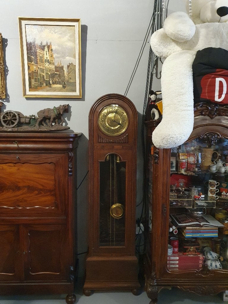 Eiken Art Deco staande klok, werkend, Antiek en Kunst, Ophalen