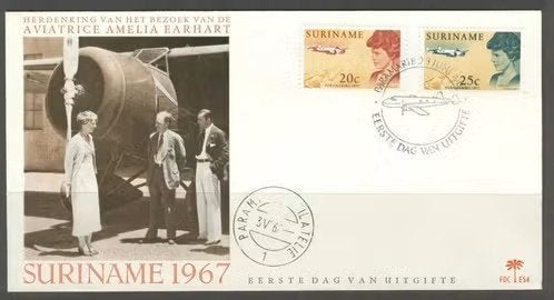 Suriname 1967 - FDC E54 - Bezoek van Amelia Earhart, Ophalen of Verzenden, Postfris