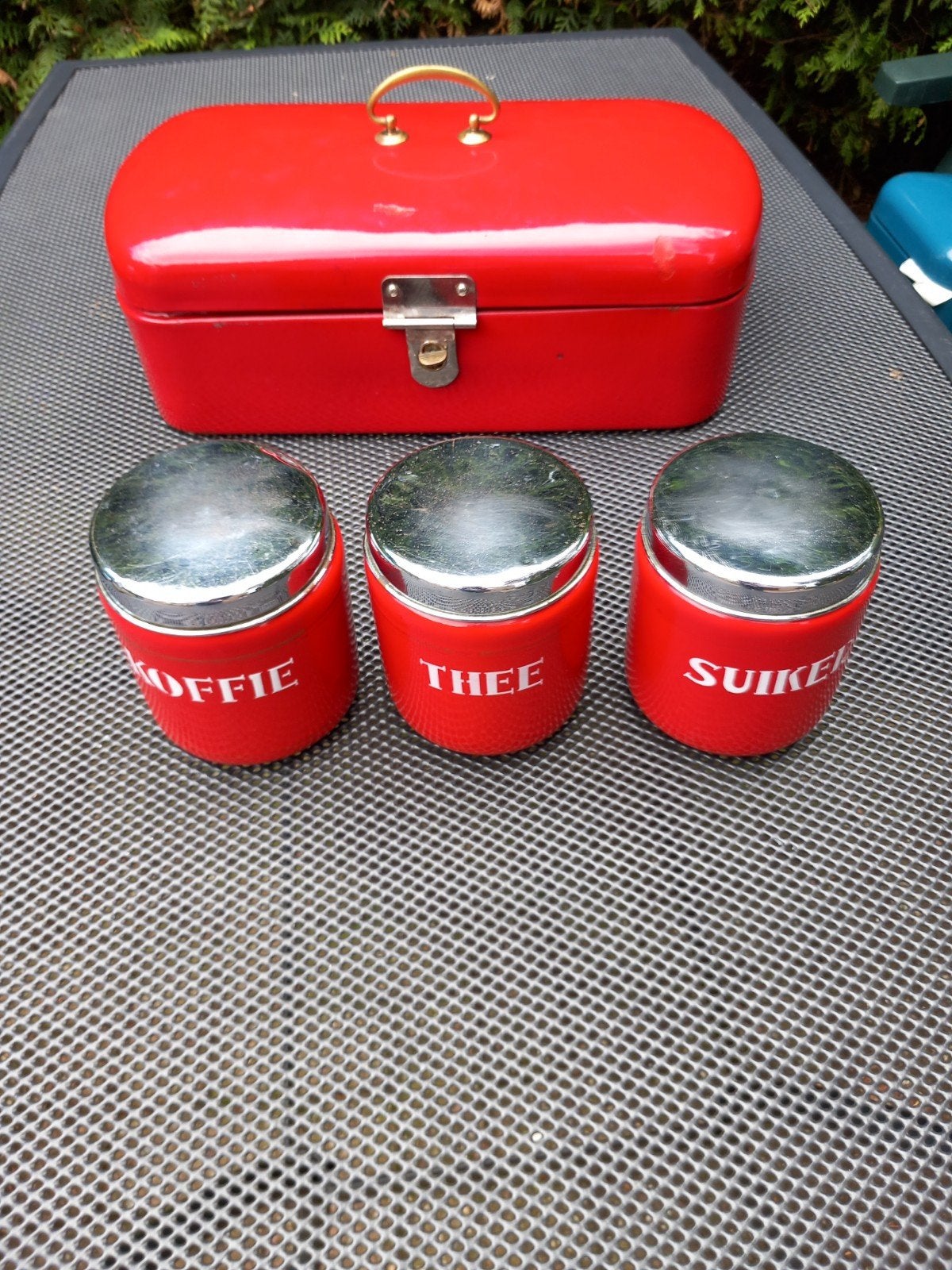 Rood emaille koffie-thee en suikerbussen, Ophalen of Verzenden