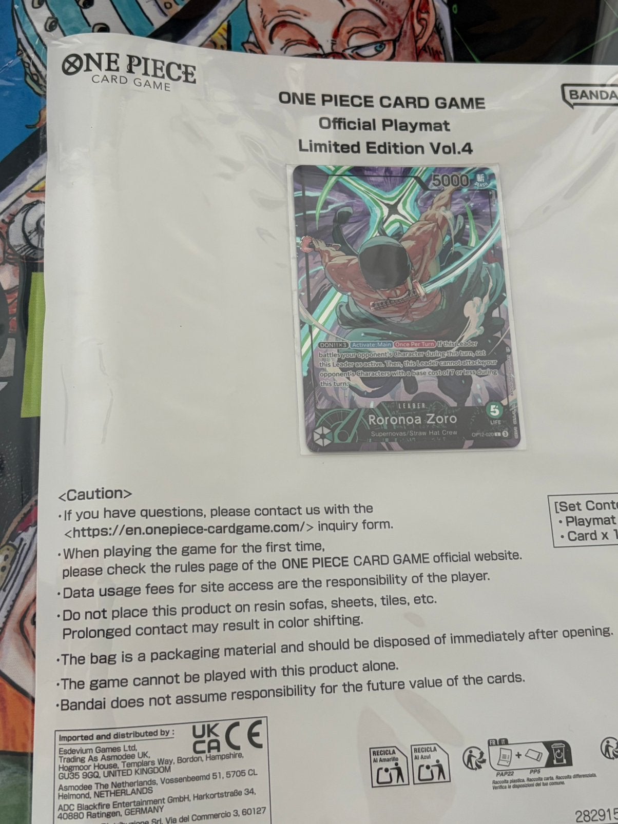 Playmat Roronoa Zoro Limited Edition Vol.4 ONE PIECE Card, Ophalen of Verzenden, Zo goed als nieuw, Foil