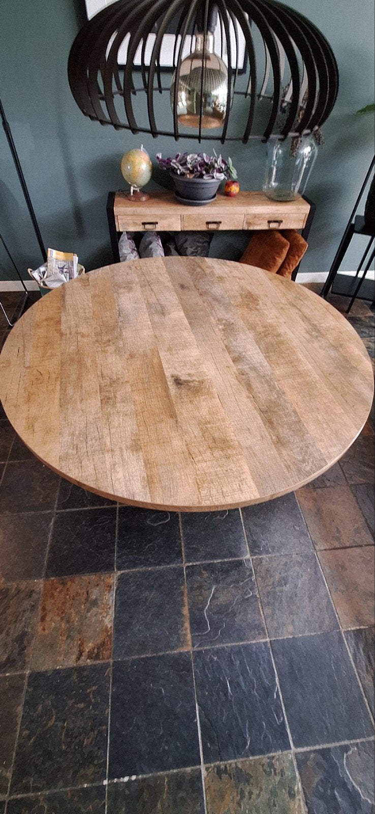 Ronde eettafel (140 cm) met 4 grijsgroene stoelen, Gebruikt, Rond, Vier personen, Ophalen