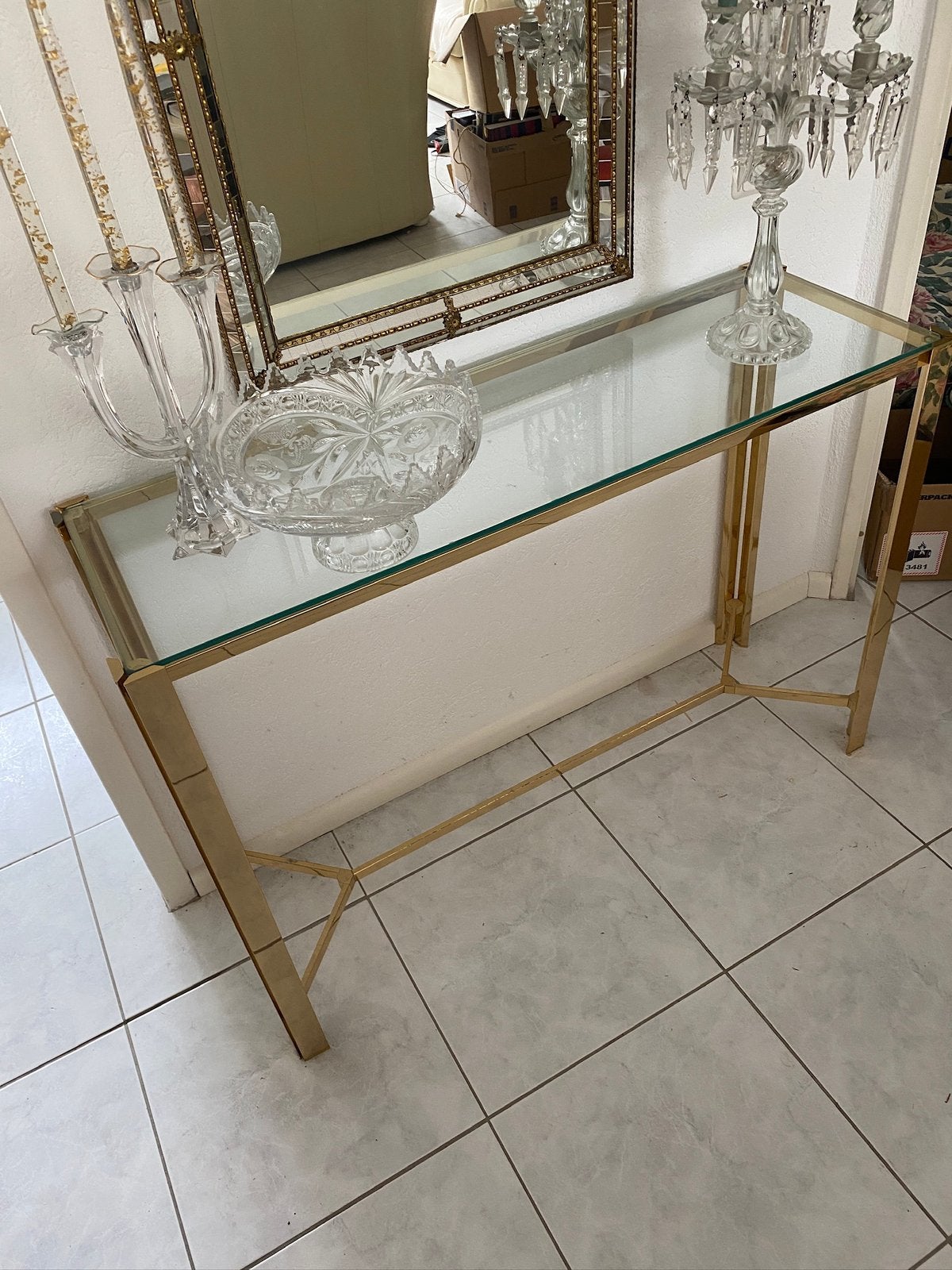 Messing sidetable met glasplaat 110x36, 80 hoog, Ophalen, 100 tot 150 cm, Zo goed als nieuw, 25 tot 50 cm