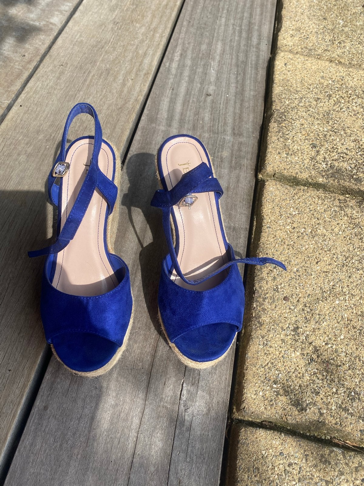 Blauwe espadrille sandalen met sleehak maat 38, Ophalen of Verzenden, Gedragen, Blauw, Sandalen of Muiltjes