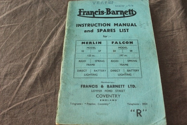 Francis Barnett 1952 58 Falcon Merlin instruction parts list, Ophalen of Verzenden, Overige merken