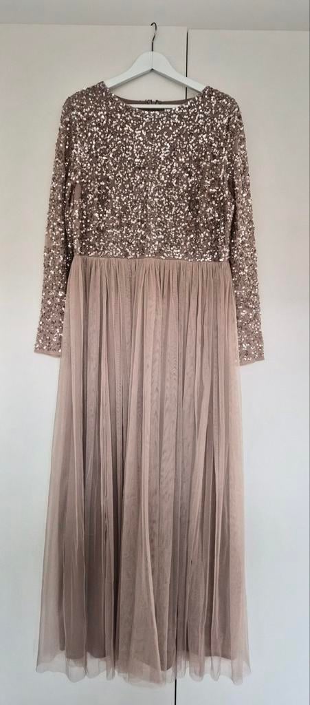 Maya Deluxe Lange Jurk met Pailletten en Tule, Kleding | Dames, Ophalen, Beige, Maat 42/44 (L), Zo goed als nieuw