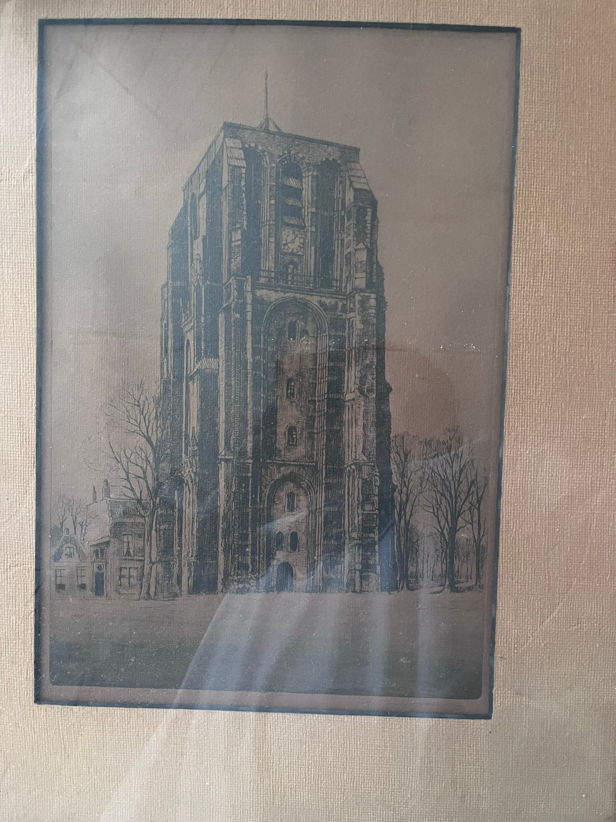 Oude ingelijste prent/ets Oldehove Leeuwarden, Ingelijst, Ets, Stadsgezicht, Ophalen of Verzenden