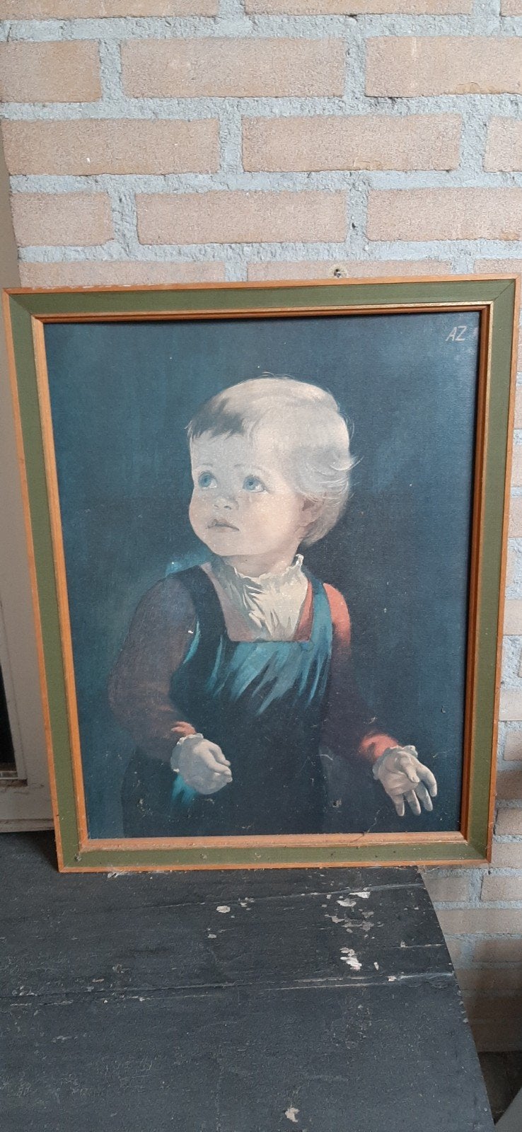 Vintage Schilderij: Portret van een Kind (Gesigneerd AZ), Ophalen, Acrylverf, Doek, Portret of Personen
