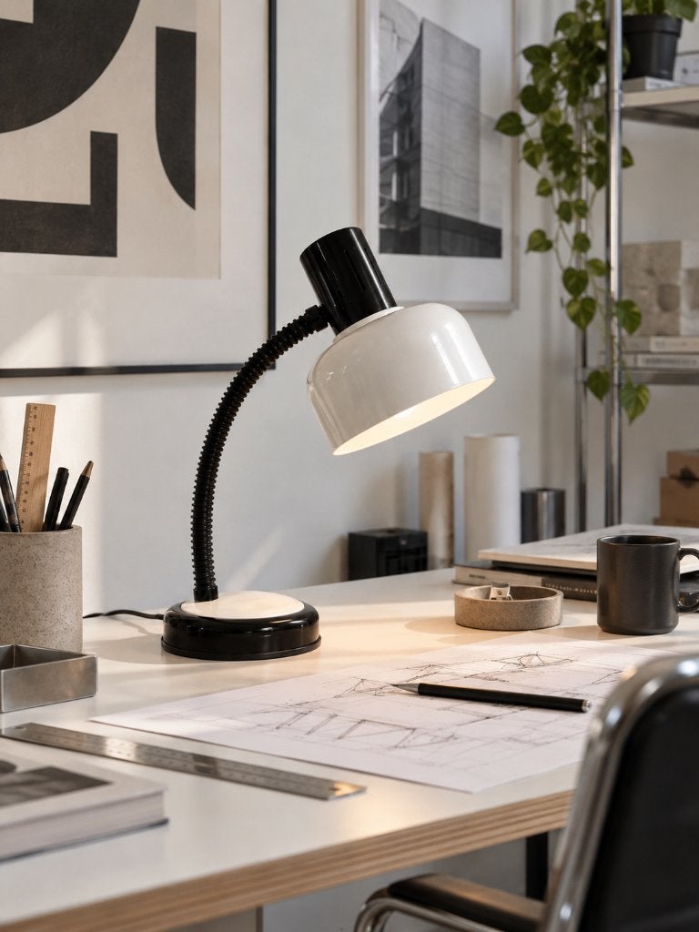 Veneta Lumi Italiaanse zwart-witte vintage bureaulamp, Huis en Inrichting, Bureaulamp, Overige merken, Vintage, Meerkleurig