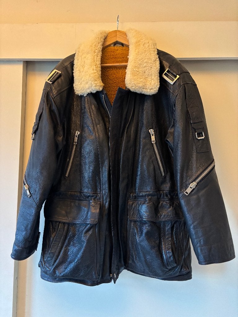 Vintage Leren Pilotenjack met Bontkraag - Zwart, Kleding | Heren, Onbekend, Maat 48/50 (M), Zwart, Ophalen of Verzenden