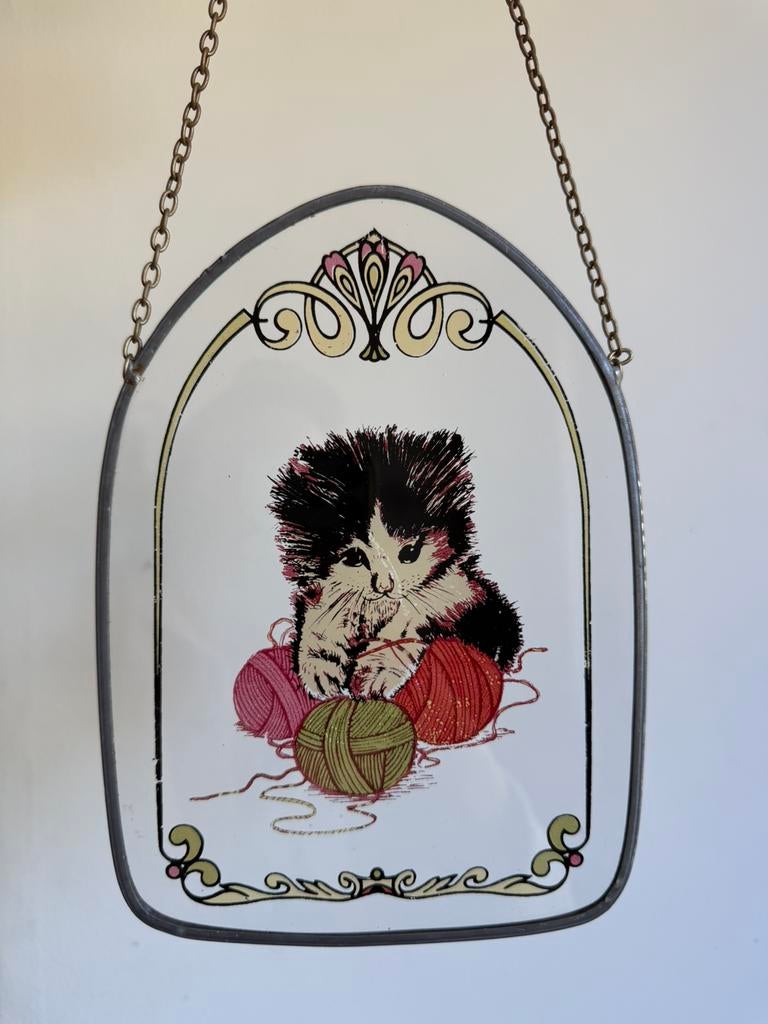 Vintage glas in lood hanger raamhanger poes poesje wol, Ophalen of Verzenden, Huis en Inrichting
