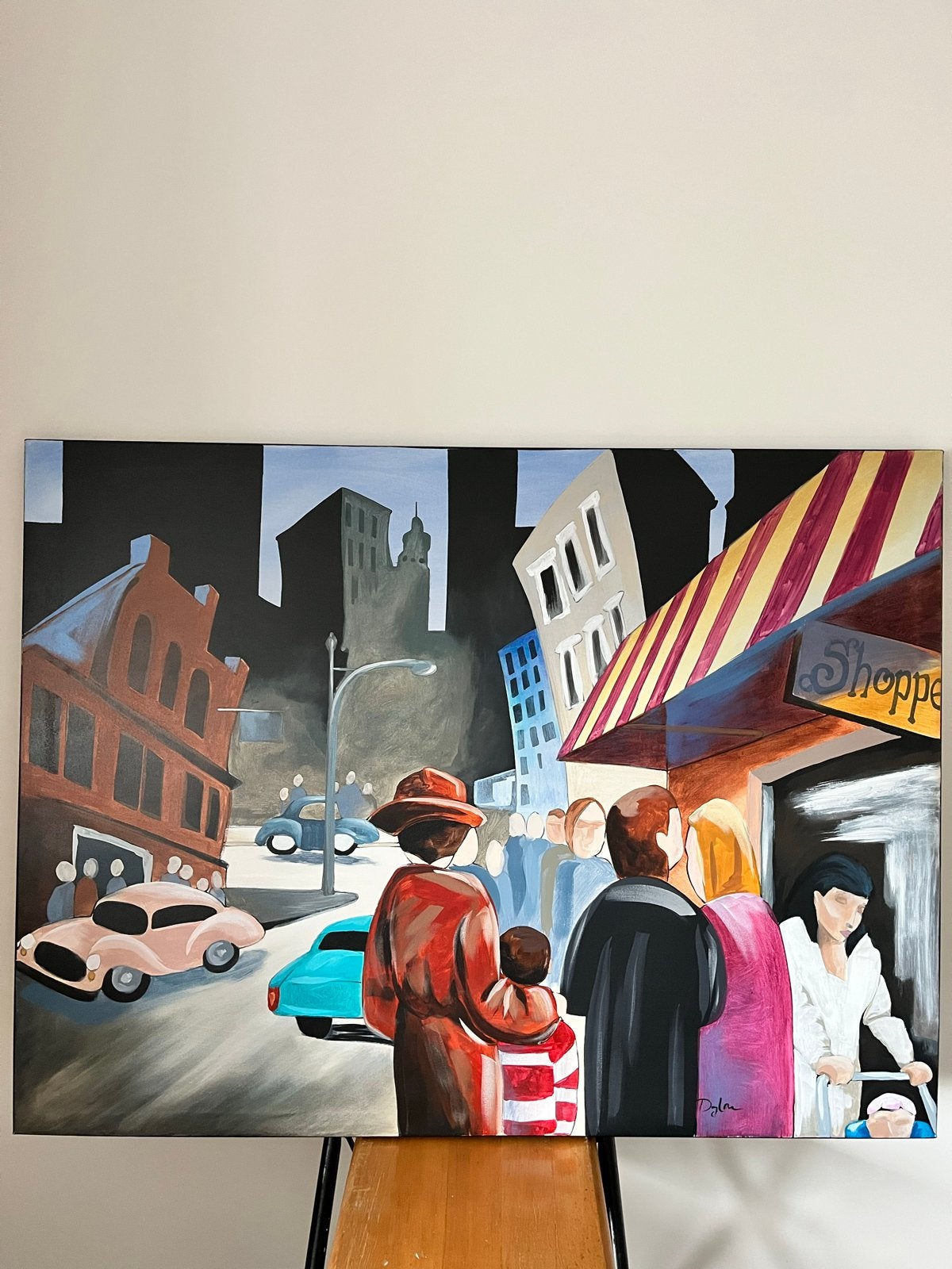Canvas schilderij stadsgezicht 122x91 cm, Antiek en Kunst, Ophalen, Textiel, Op houten frame, Stadsgezicht