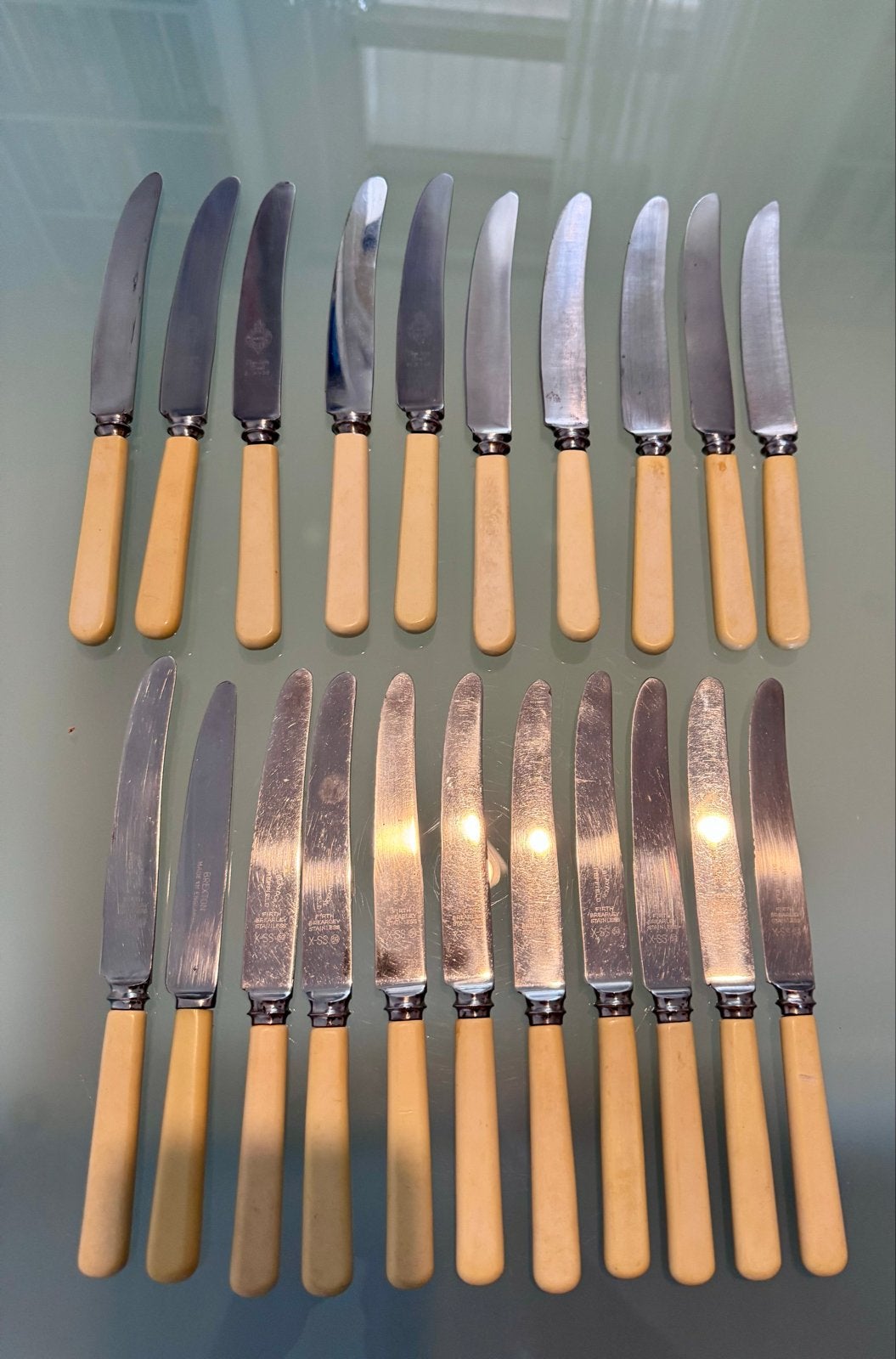 Sheffield messen set / mid century (21 delig), Antiek en Kunst, Antiek | Bestek, Ophalen of Verzenden