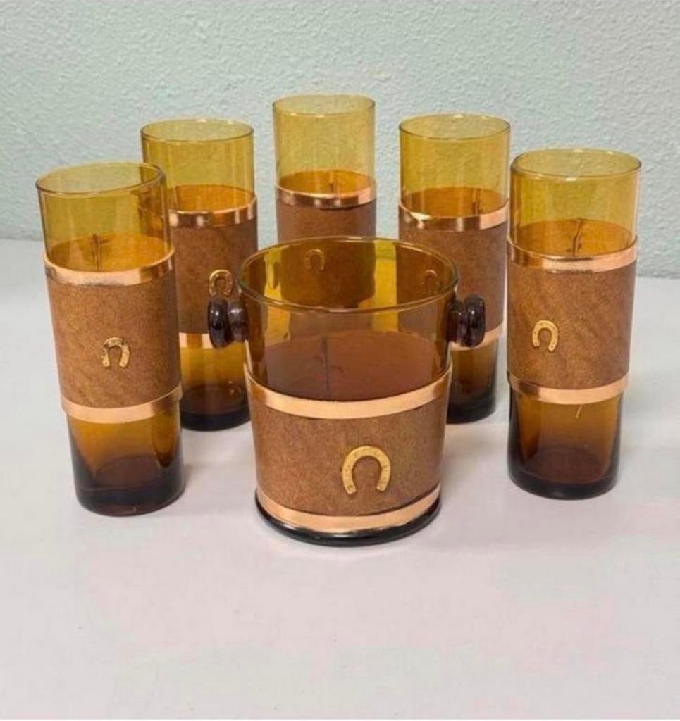 Antiek 1950 5 wisky glazen + ijsemmer amber leder hoefijzer, Ophalen of Verzenden, Zo goed als nieuw, H, H